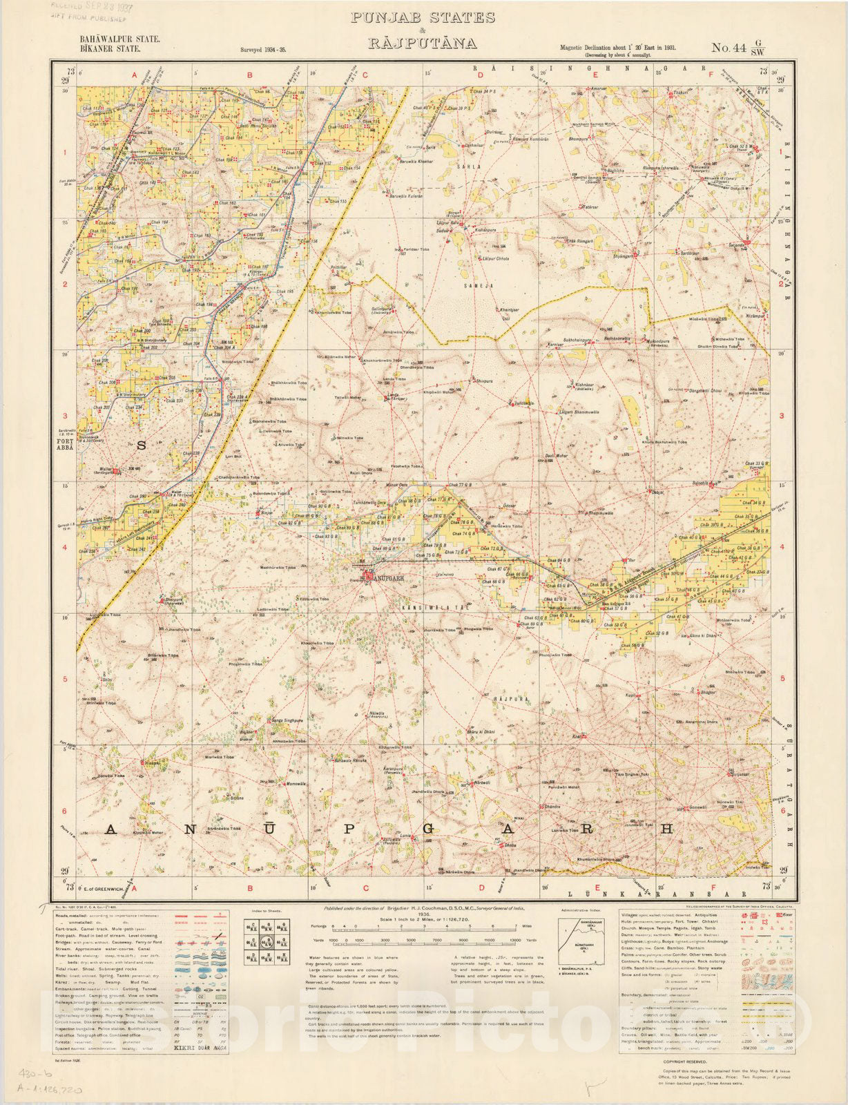 Map : Bahawalpur State, Bikaner State, Punjab States & Rajputana, No. 44 G/S.W. 1936, India 1:126,720, Antique Vintage Reproduction