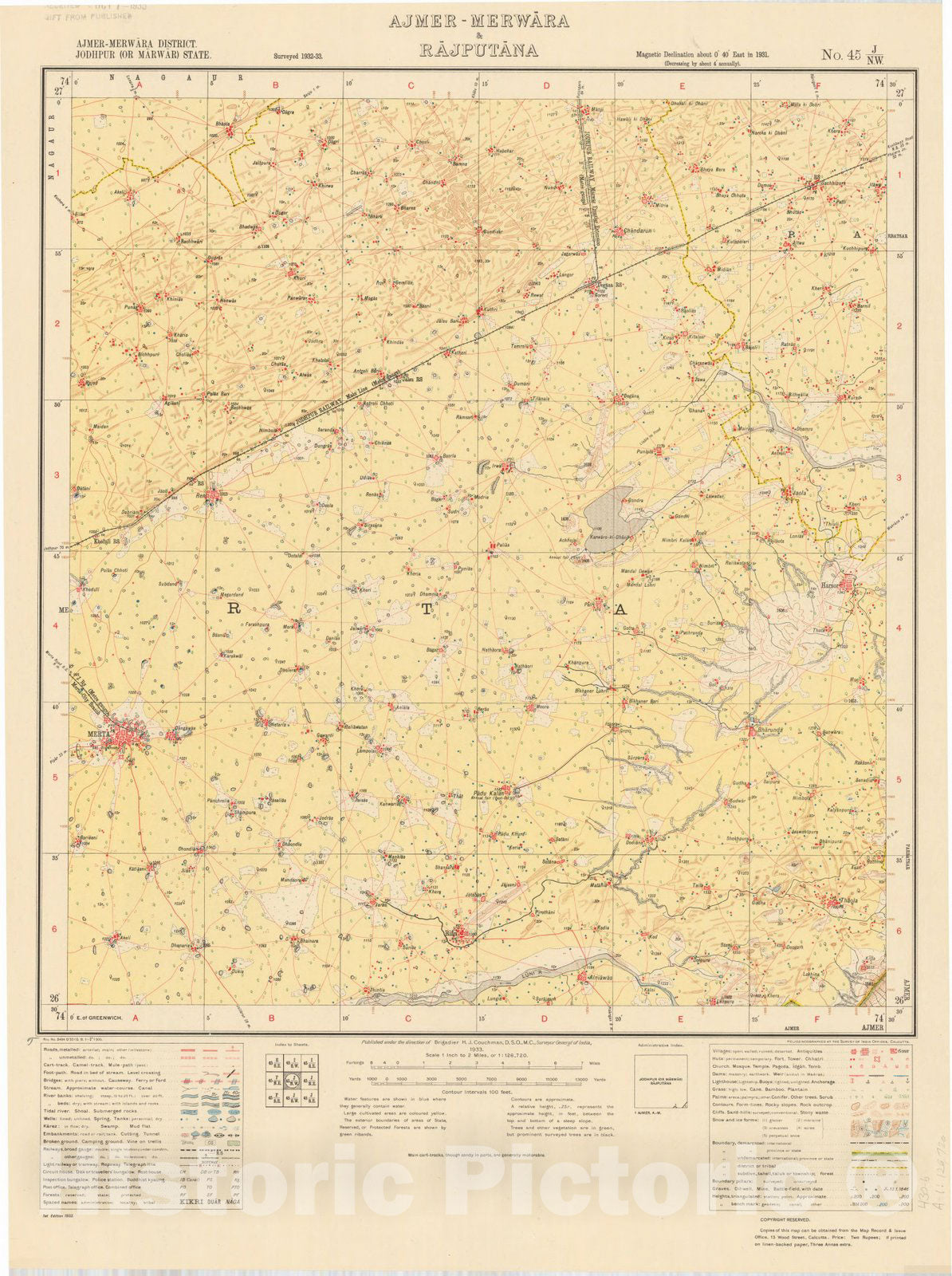 Map : Ajmer-Merwara District, Jodhpur (or Marwar) State, Ajmer-Merwara & Rajputana, No. 45 J/N.W. 1933, India and adjacent countries, Antique Vintage Reproduction