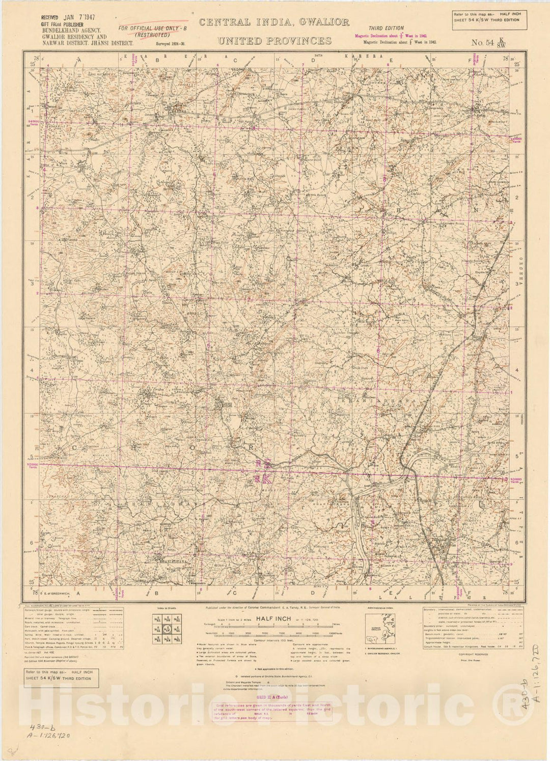 Historic Map : Bundelkhand Agency, Gwalior Residency and Narwar District, Jhansi District, Central India, Gwalior, United Provinces, No. 54 K/S.W. 1944, India and adjacent countries