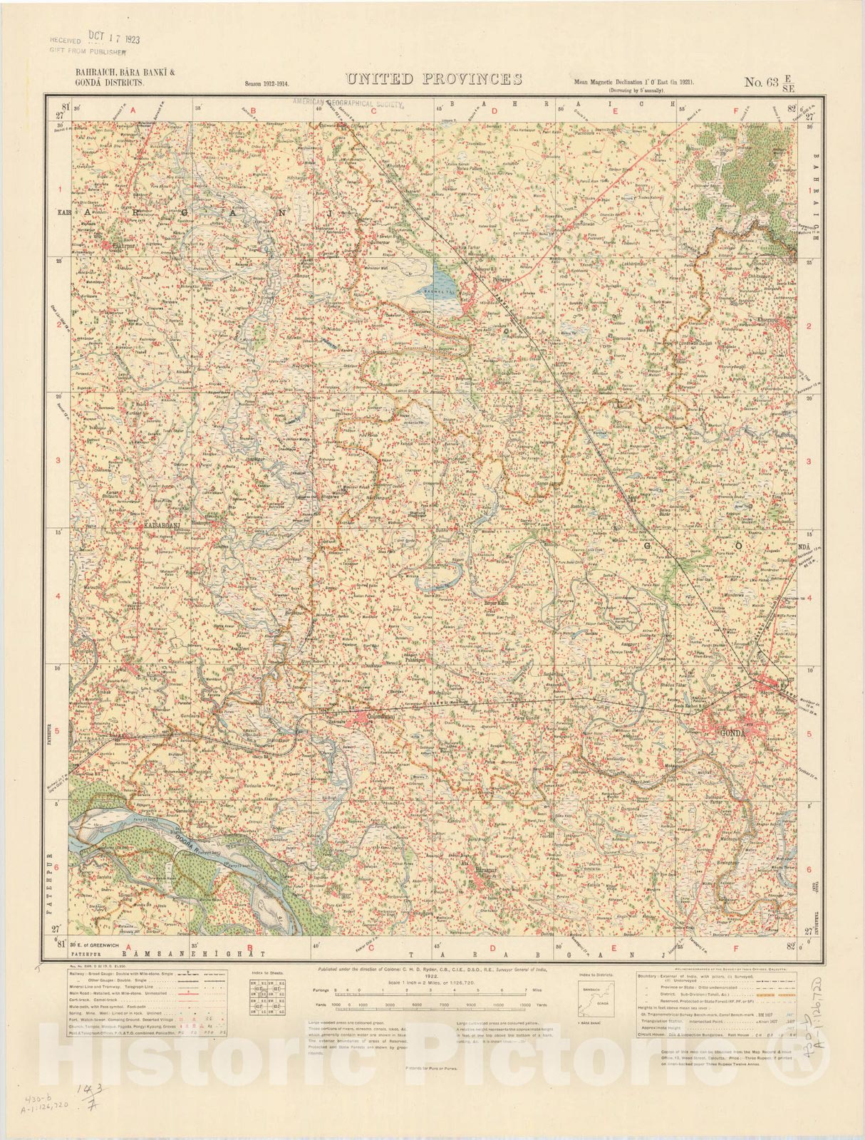 Map : Bahraich, Bara Banki & Gonda Districts, United Provinces, No. 63 E/S.E. 1922, India and adjacent countries, Antique Vintage Reproduction