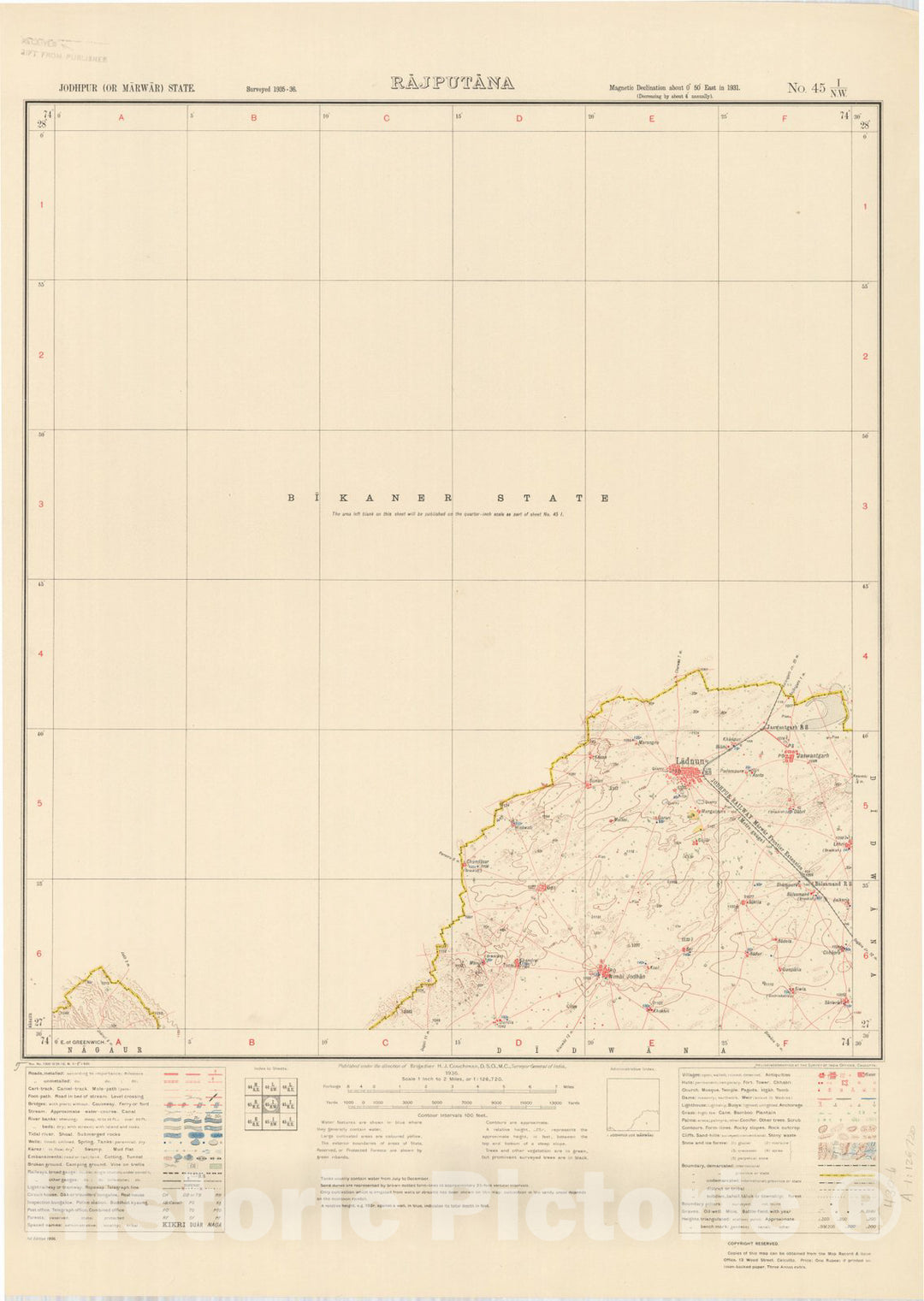 Map : Jodhpur (or Marwar) State, Rajputana, No. 45 I/N.W. 1936, India and adjacent countries, Antique Vintage Reproduction