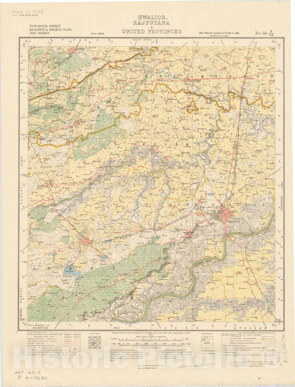 Map : Tonwarghar District, Bharatpur & Dholpur States, Agra District, Gwalior, Rajputana & United Provinces, No. 54 F/N.E. 1924, India and adjacent countries