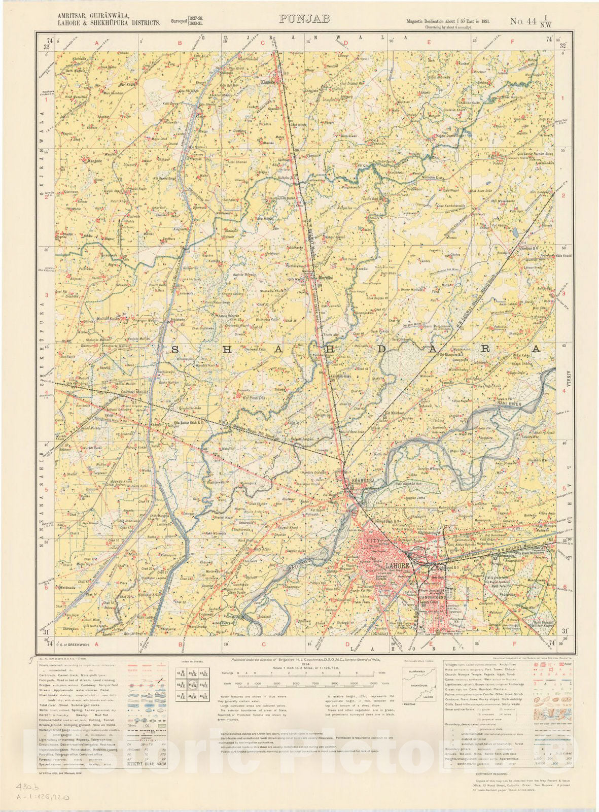 Map : Amritsar, Gujranwala, Lahore & Shekhupura Districts, Punjab, No. 44 I/N.W. 1934, India 1:126,720, Antique Vintage Reproduction