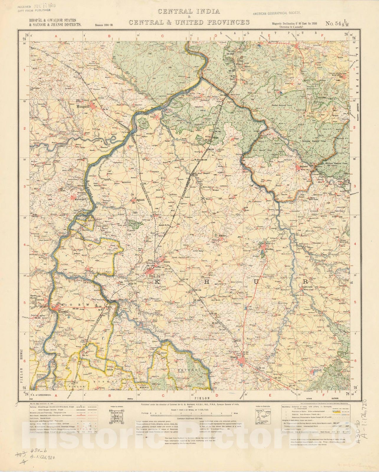 Map : Bhopal & Gwalior States & Saugor & Jhansi Districts, Central India & Central & United Provinces, No. 54 L/S.W. 1917, India and adjacent countries