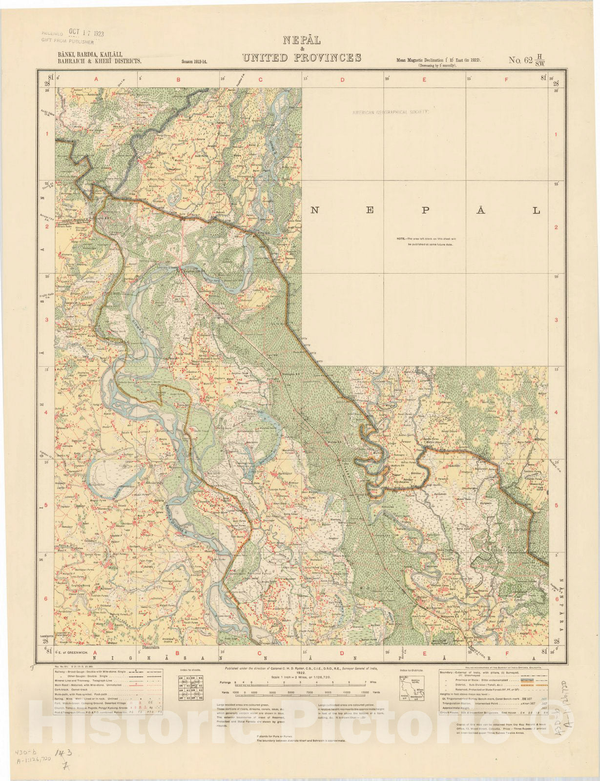 Map : Banki, Bardia, Kailali, Bahraich & Kheri Districts, Nepal & United Provinces, No. 62 H/S.W. 1922, India and adjacent countries, Antique Vintage Reproduction