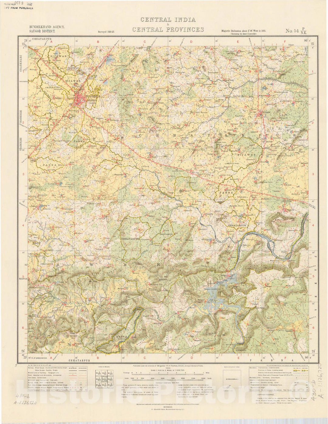 Map : Bundelkhand Agency, Saugor District, Central India & Central Provinces, No. 54 P/N.E. 1932, India and adjacent countries, Antique Vintage Reproduction