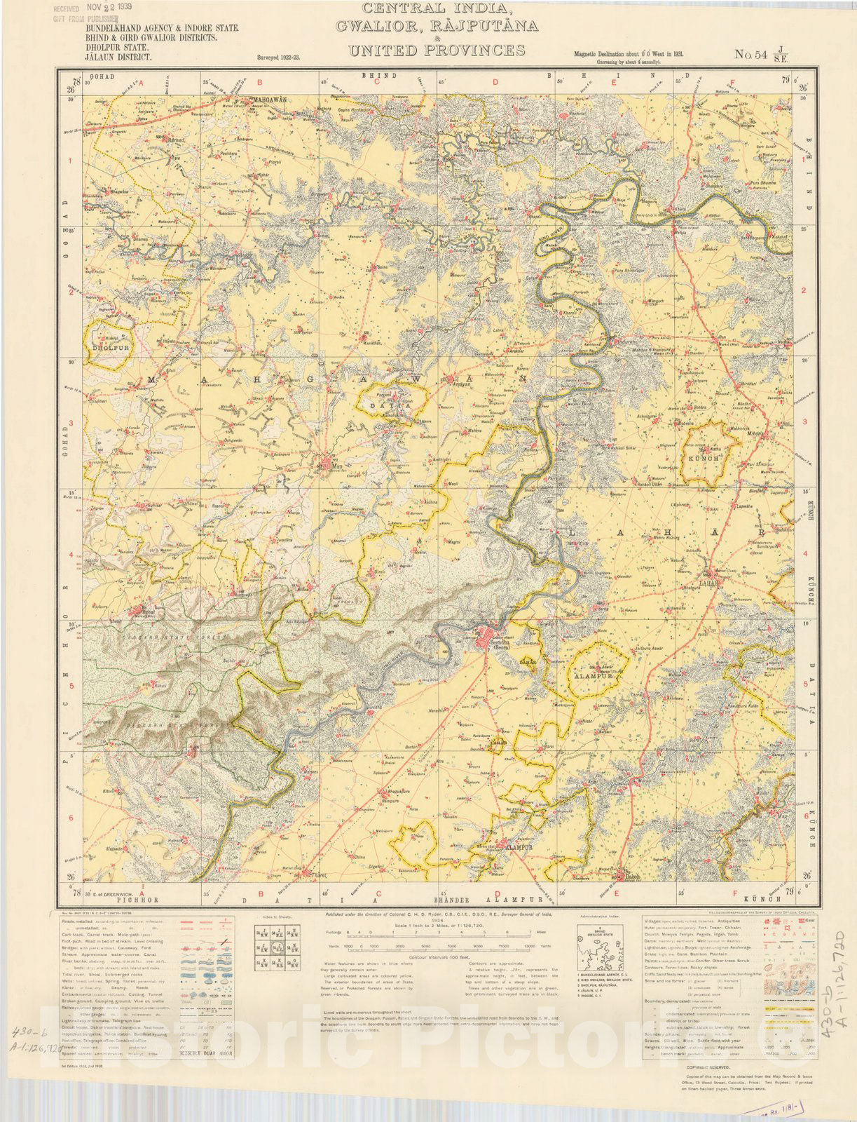 Map : Bundelkhand Agency & Indore State, Bhind & Gird Gwalior Districts, Gwalior, Rajputana & United Provinces, No. 54 J/S.E. 1938, India and adjacent countries