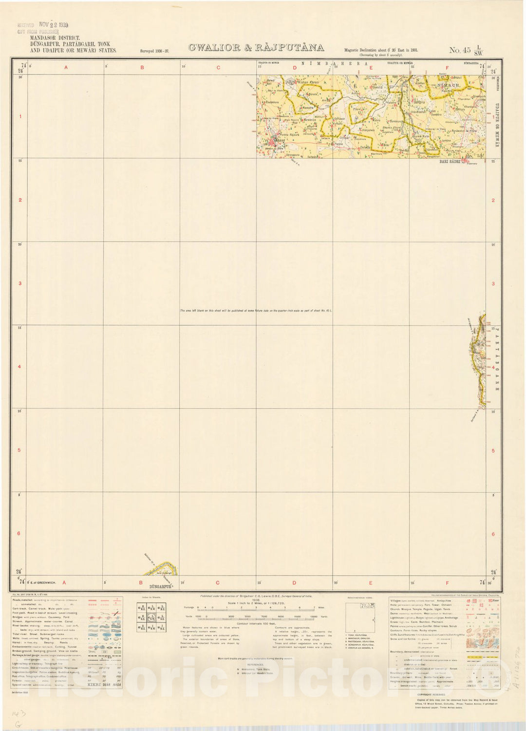 Map : Mandasor District, Dungarpur, Partabgarh, Tonk and Udaipur (or Mewar) States, Gwalior & Rajputana, No. 45 L/S.W. 1938, India and adjacent countries