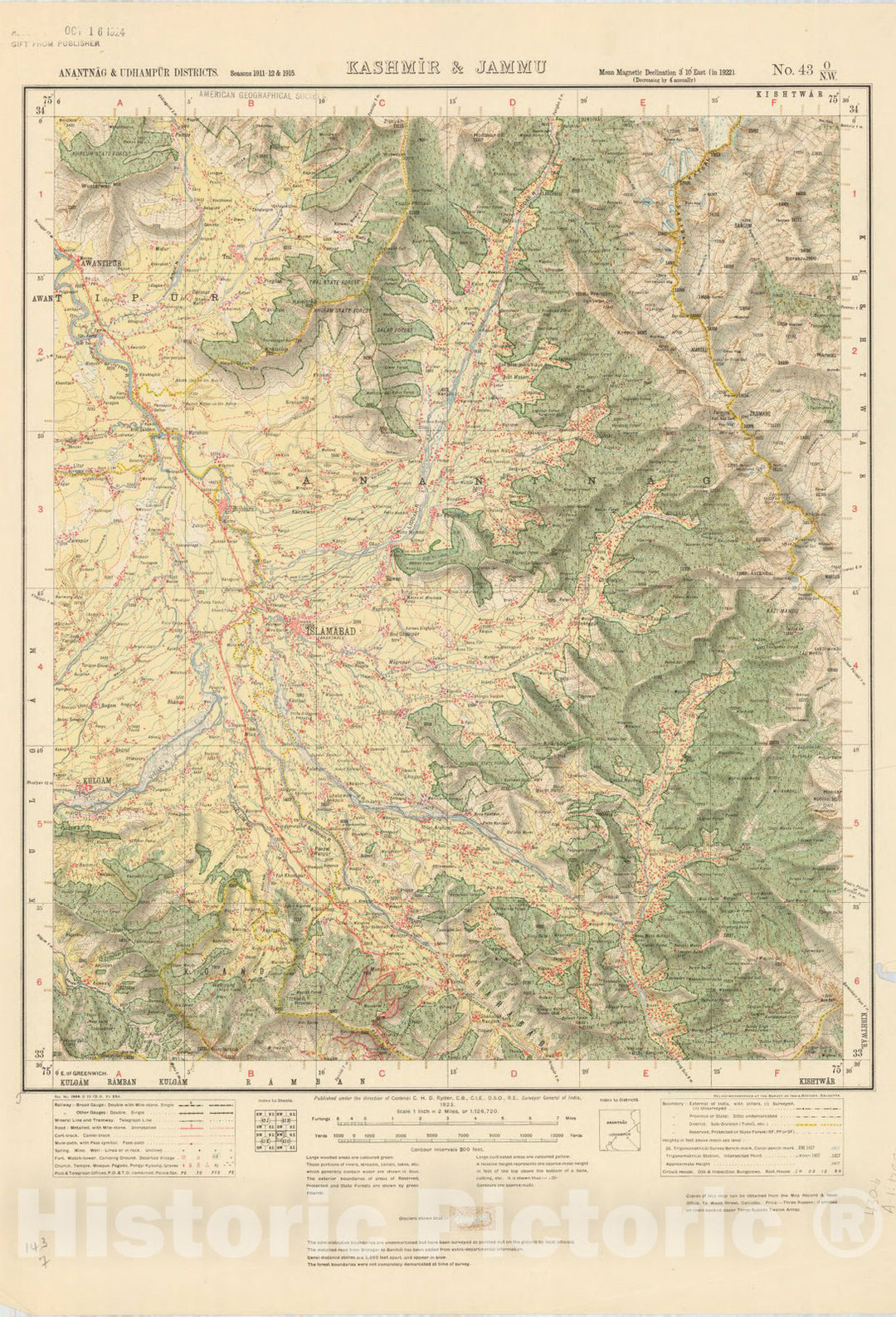 Map : Anantnag & Udhampur Districts, Kashmir & Jammu No. 43 O/N.W. 1923, India 1:126,720, Antique Vintage Reproduction