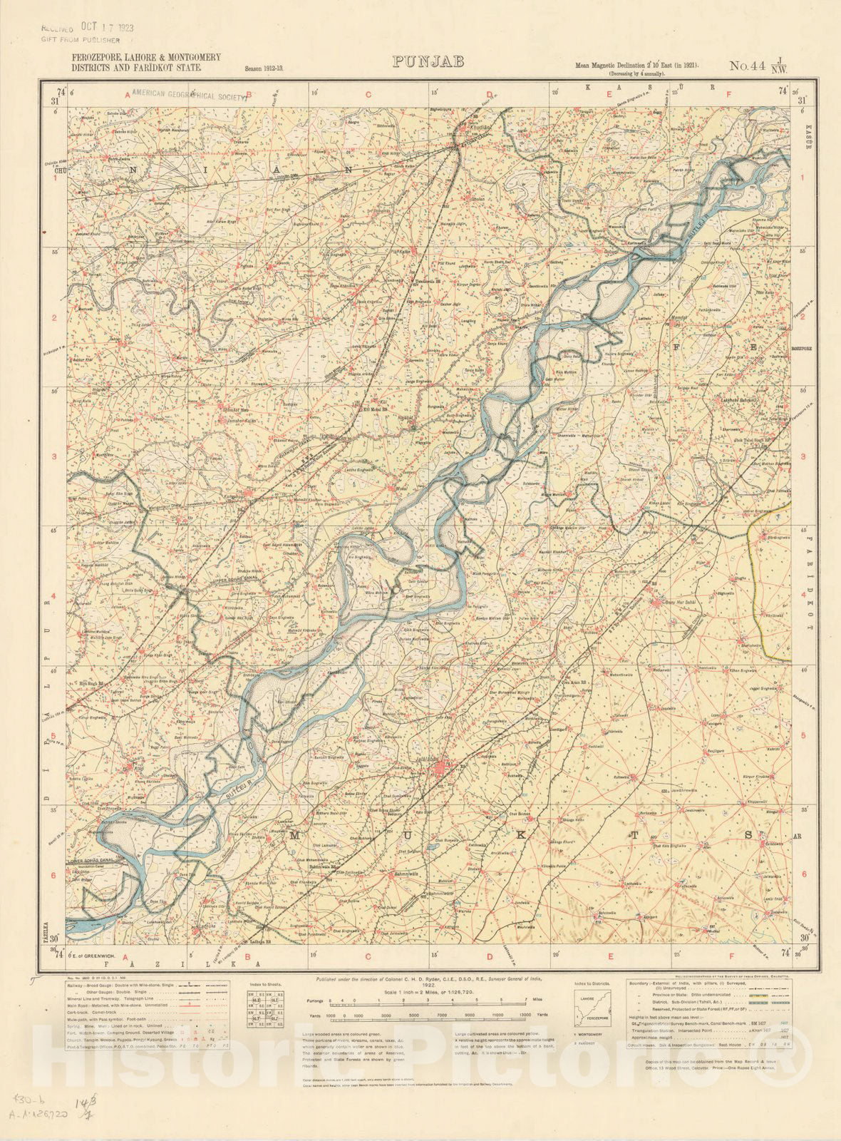 Map : Ferozepore, Lahore & Montgomery Districts and Faridkot State, Punjab No. 44 J/N.W. 1922, India 1:126,720, Antique Vintage Reproduction