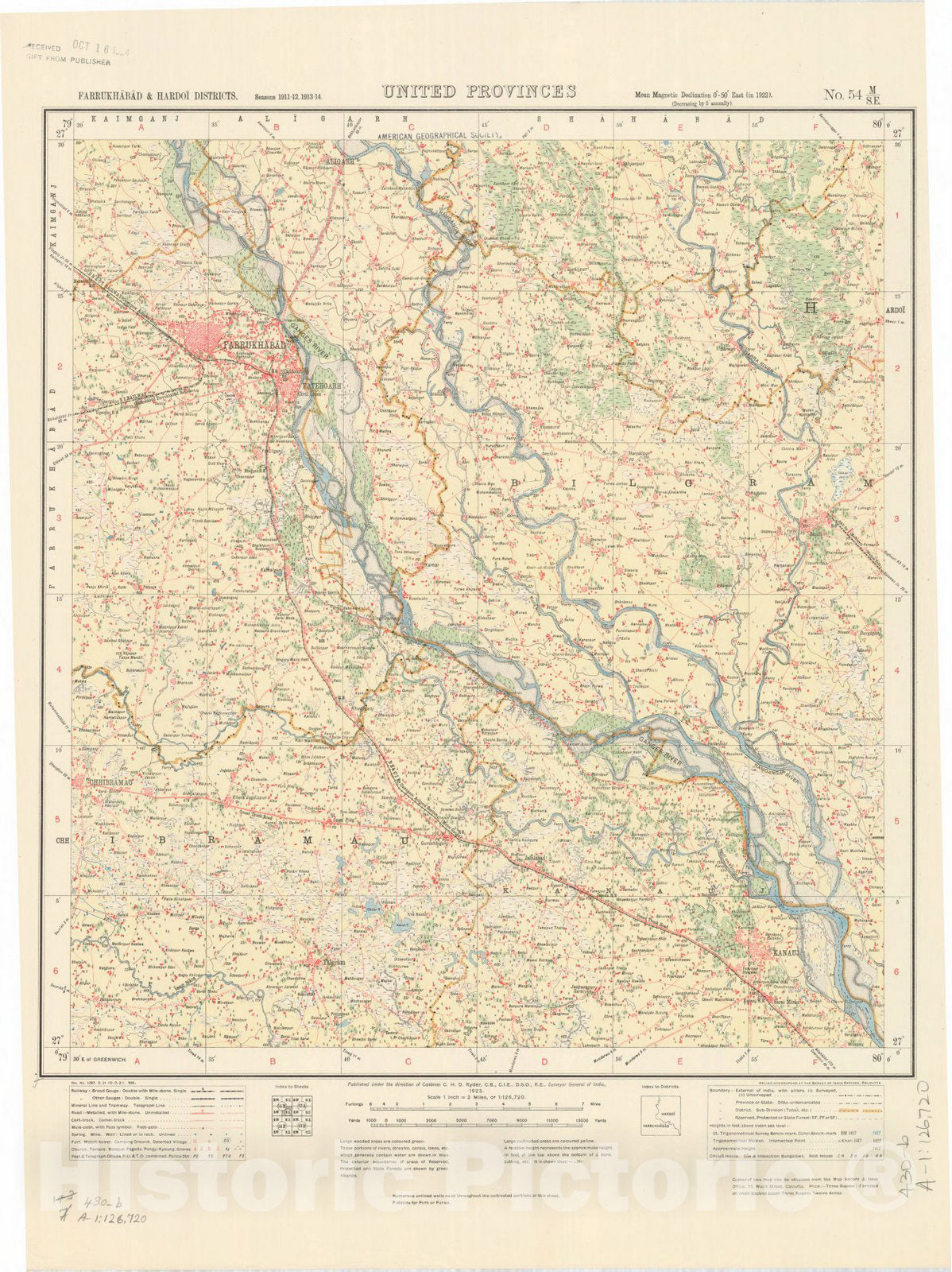 Map : Farrukhabad & Hardoi Districts, United Provinces, No. 54 M/S.E. 1923, India and adjacent countries, Antique Vintage Reproduction