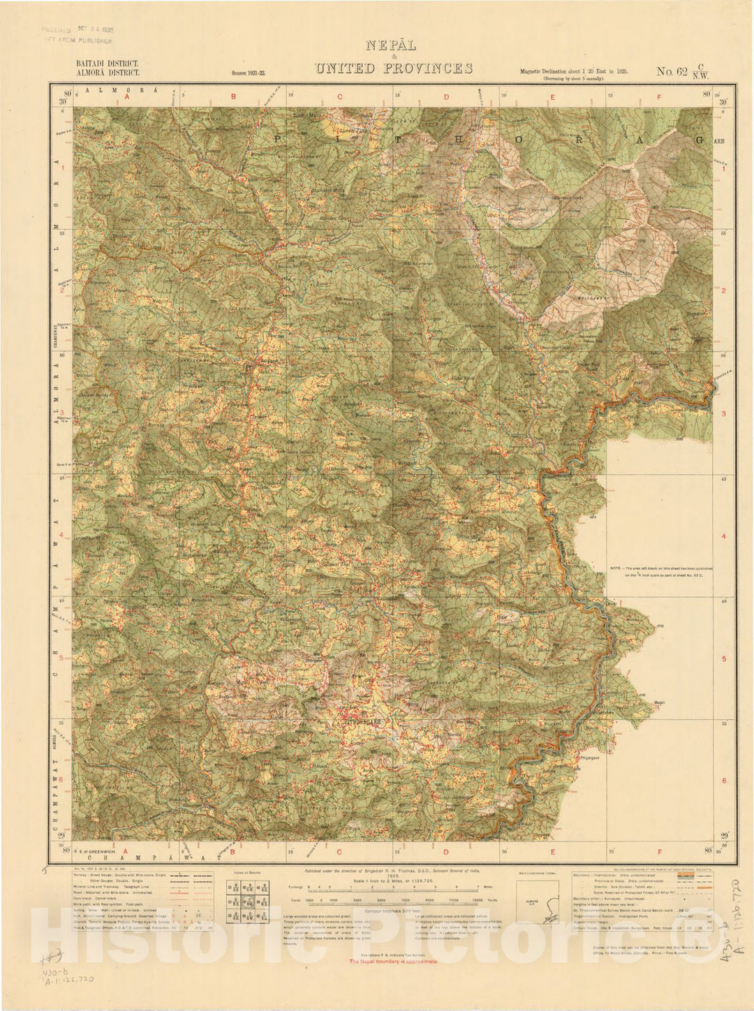 Map : Baitadi District, Almora District, Nepal & United Provinces. No. 62 C/N.W. 1929, India and adjacent countries, Antique Vintage Reproduction