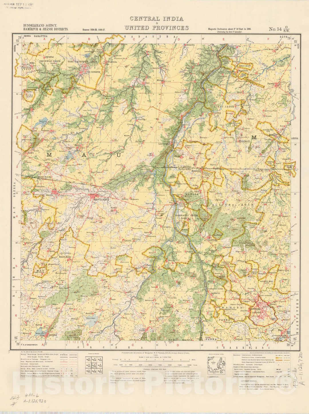 Map : Bundelkhand Agency, Hamirpur & Jhansi Districts, Central India & United Provinces, No. 54 O/S.W. 1931, India and adjacent countries, Antique Vintage Reproduction