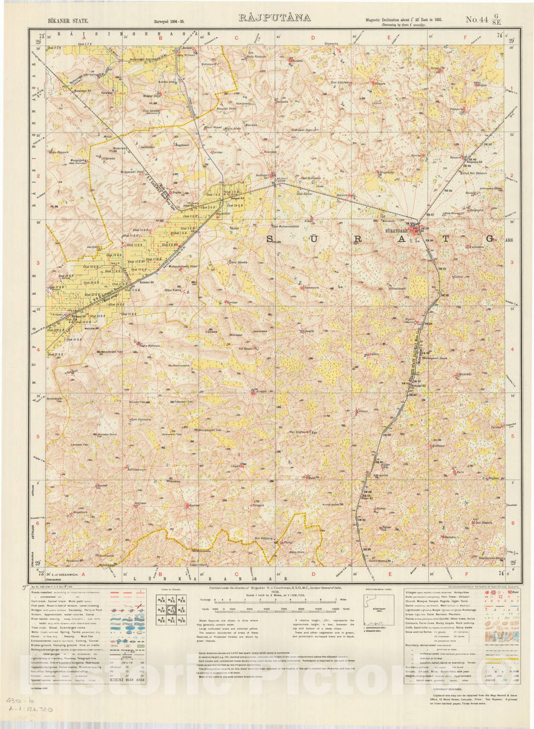 Map : Bikaner State, Rajputana No. 44 G/S.E. 1936, India 1:126,720, Antique Vintage Reproduction