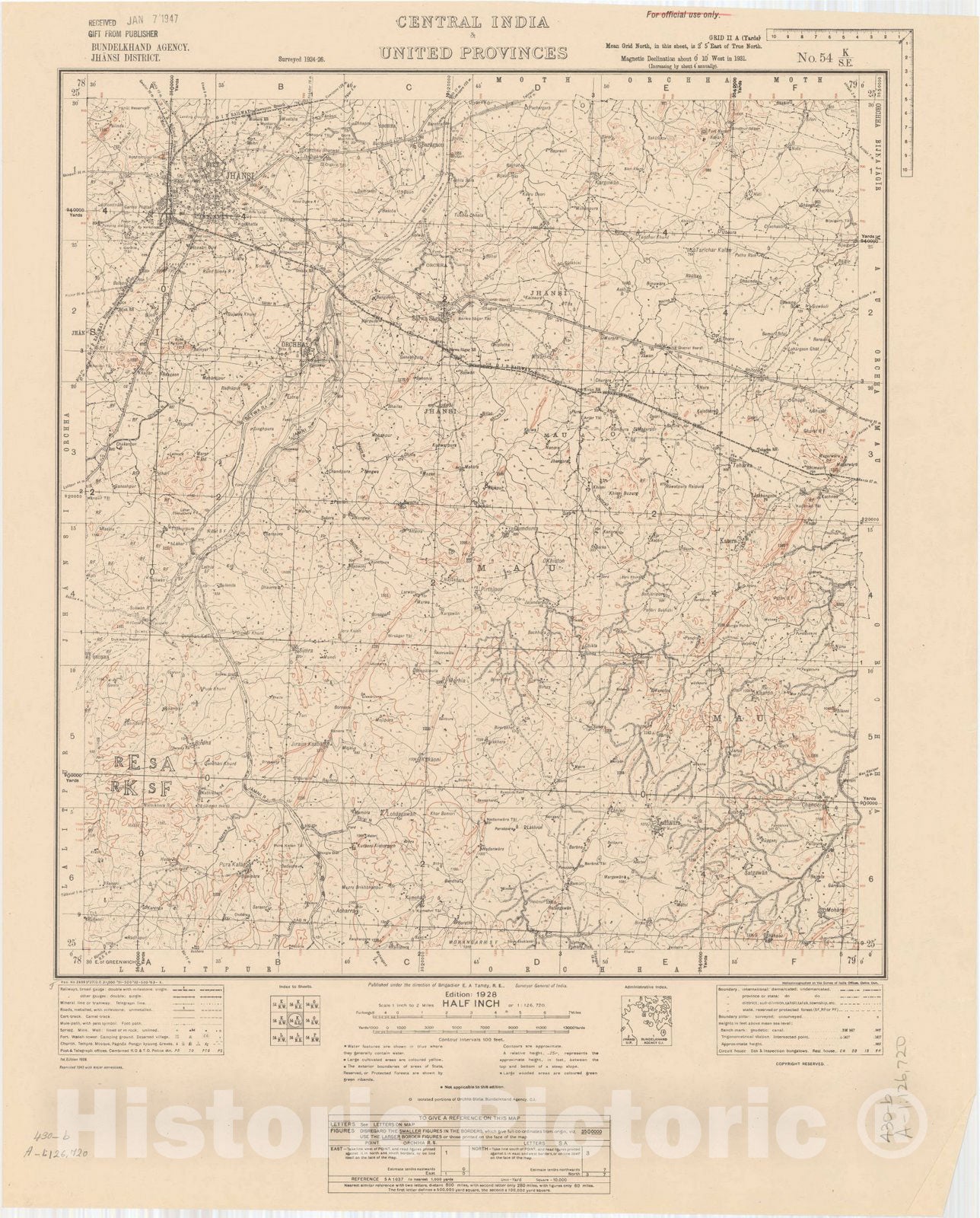 Map : Bundelkhand Agency, Jhansi District, Central India & United Provinces, No. 54 K/S.E. 1943, India and adjacent countries, Antique Vintage Reproduction