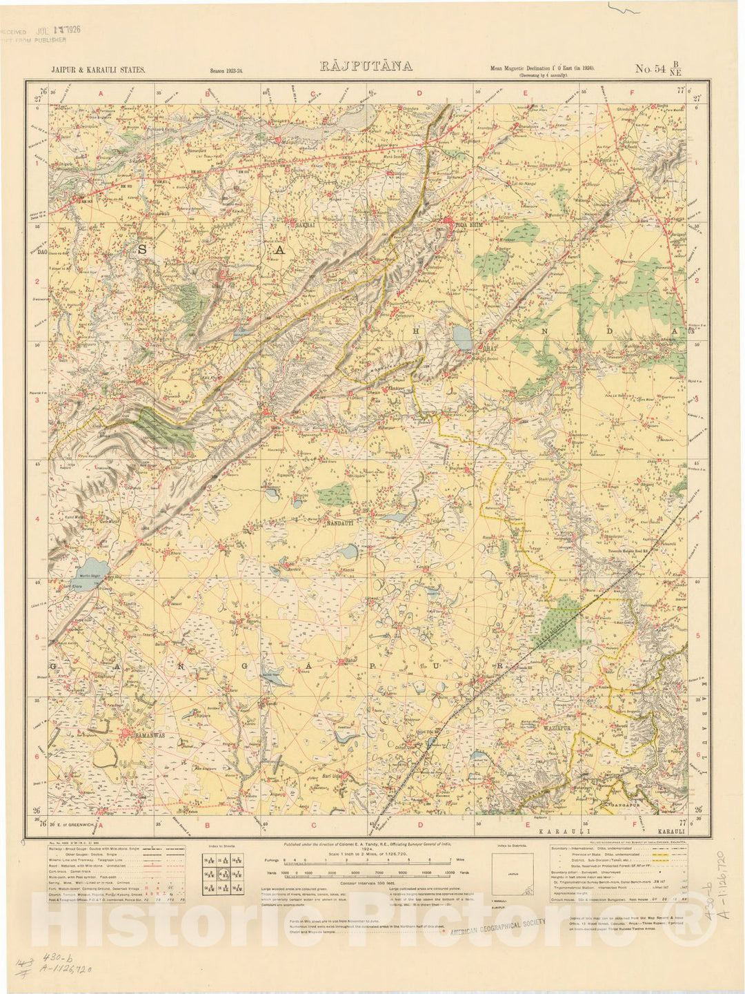 Map : Jaipur & Karauli States, Rajputana, No. 54 B/N.E. 1924, India and adjacent countries, Antique Vintage Reproduction