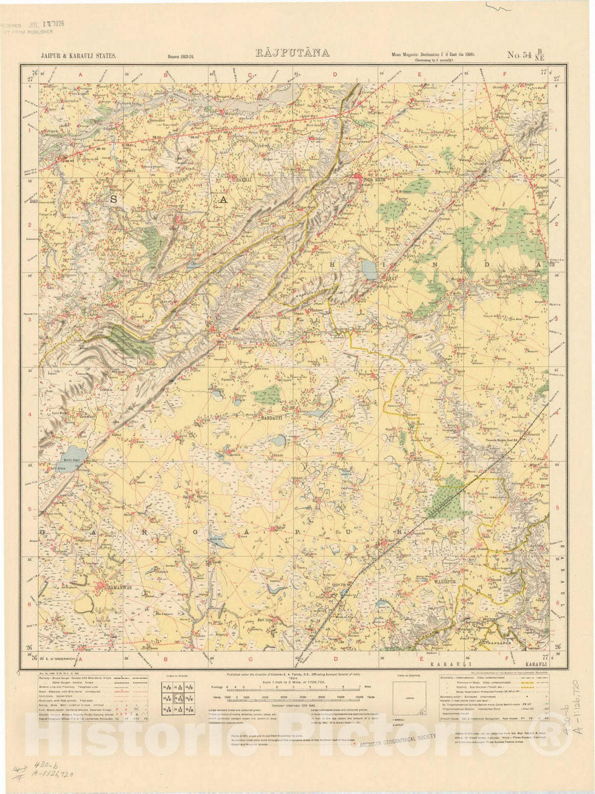 Map : Jaipur & Karauli States, Rajputana, No. 54 B/N.E. 1924, India and adjacent countries, Antique Vintage Reproduction