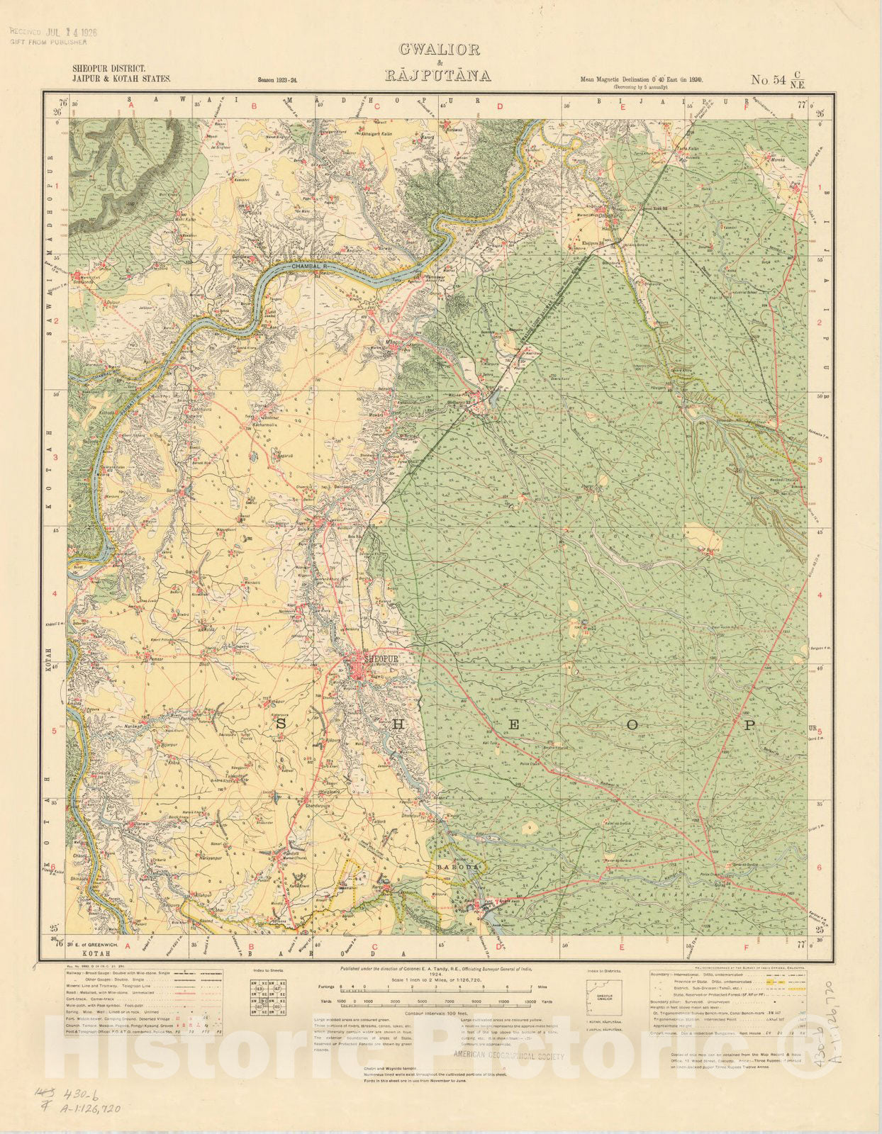 Map : Sheopur District, Jaipur & Kotah States, Gwalior & Rajputana, No. 54 C/N.E. 1924, India and adjacent countries, Antique Vintage Reproduction