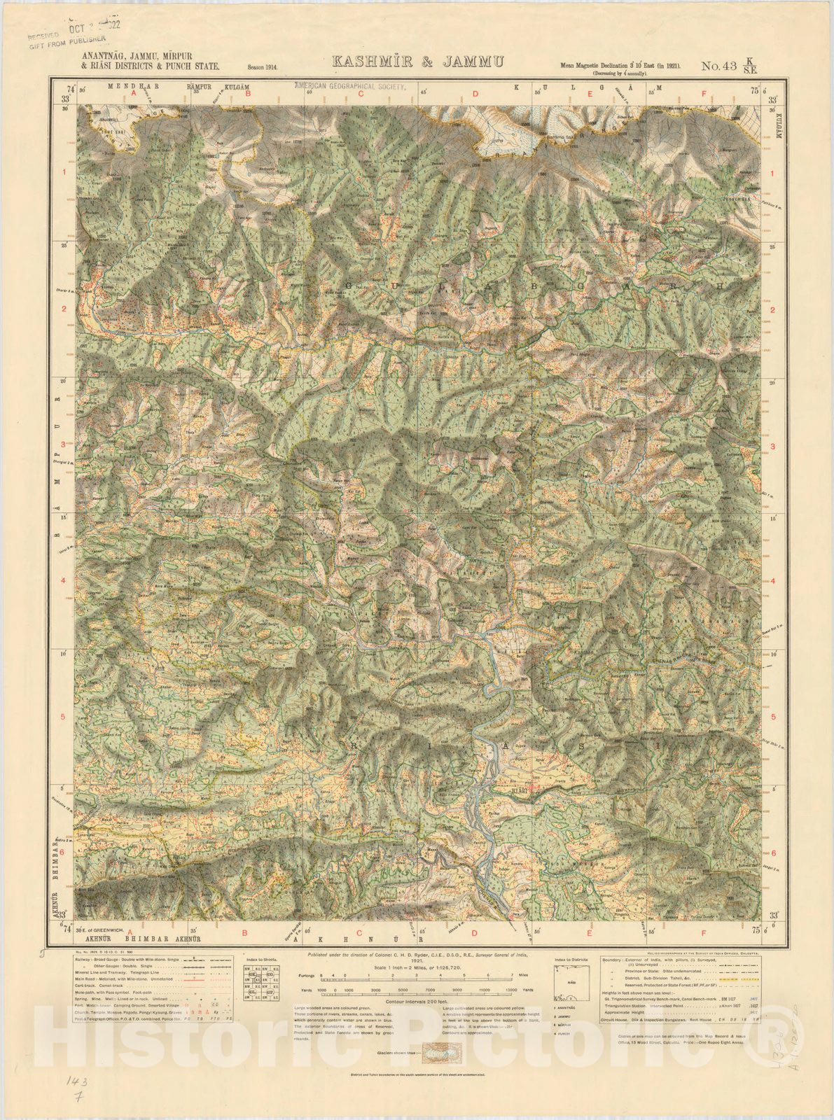 Map : Anantnag, Jammu, Mirpur & Riasi Districts & Punch State, Kashmir & Jammu No. 43 K/S.E. 1921, India and adjacent countries, Antique Vintage Reproduction