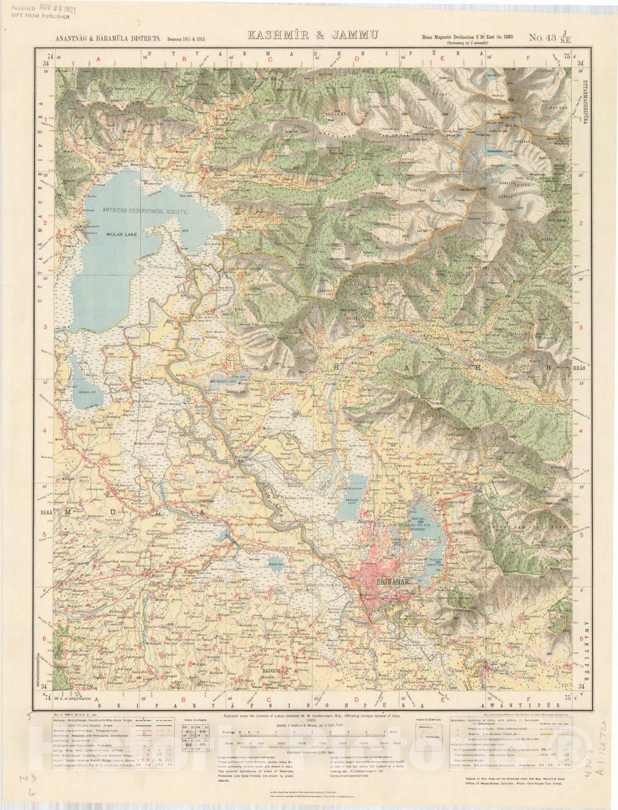 Map : Anantnag & Baramula Districts, Kashmir & Jammu No. 43 J/S.E. 1920, India and adjacent countries, Antique Vintage Reproduction