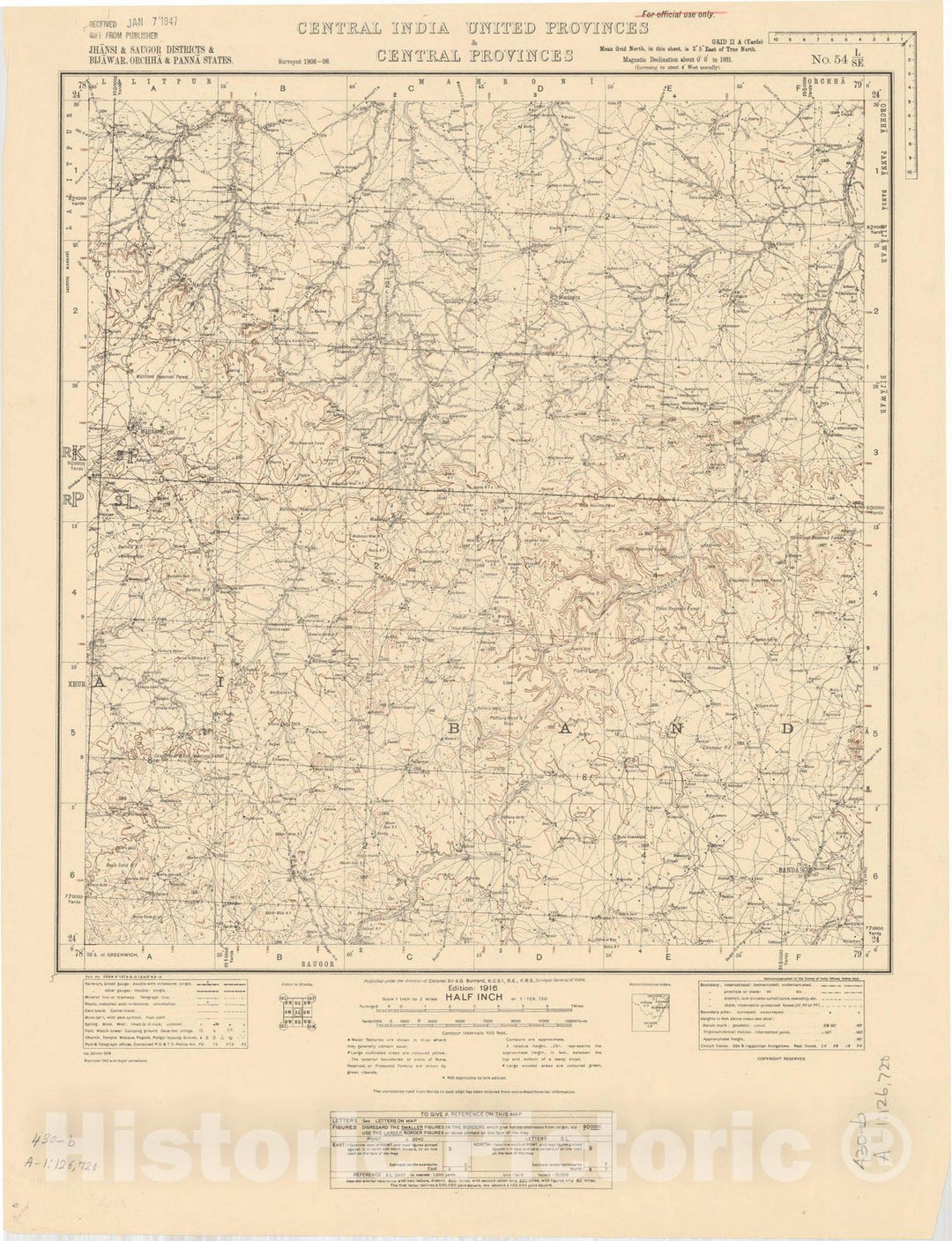 Map : Jhansi & Saugor Districts & Bijawar, Orchha & Panna States, Central India, United Provinces & Central Provinces, No. 54 L/S.E. 1943, India and adjacent countries