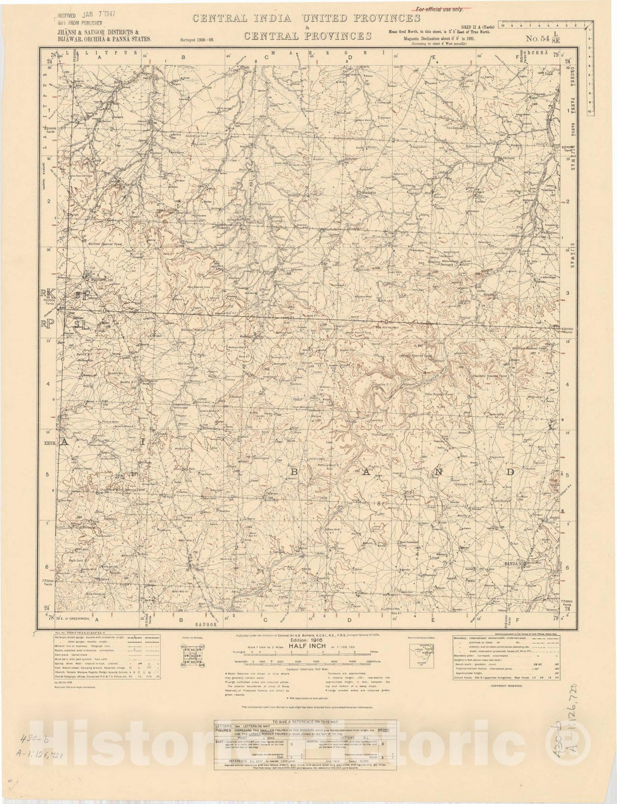 Map : Jhansi & Saugor Districts & Bijawar, Orchha & Panna States, Central India, United Provinces & Central Provinces, No. 54 L/S.E. 1943, India and adjacent countries