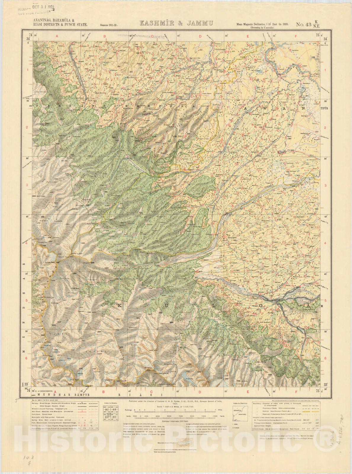 Map : Anantnag, Baramula & Riasi Districts & Punch State, Kashmir & Jammu No. 43 K/N.E. 1921, India and adjacent countries, Antique Vintage Reproduction