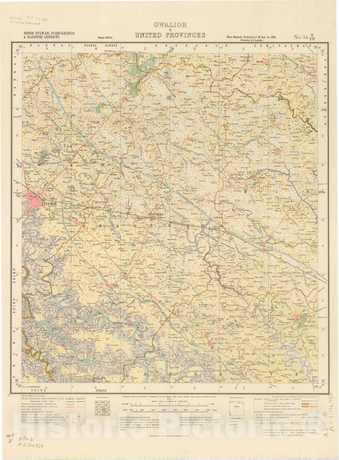 Map : Bhind, Etawah, Farrukhabad & Mainpuri Districts, Gwalior & United Provinces, No. 54 N/N.W. 1923, India and adjacent countries, Antique Vintage Reproduction