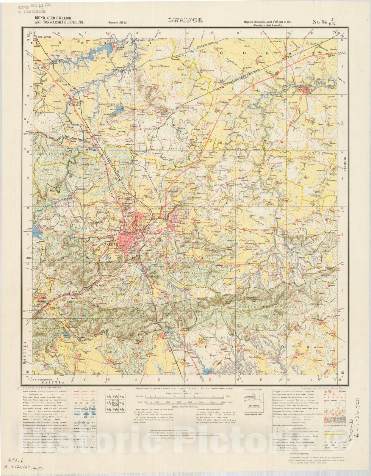 Map : Bhind, Gird Gwalior & Tonwarghar Districts, Gwalior, No. 54 J/S.W. 1939, India and adjacent countries, Antique Vintage Reproduction