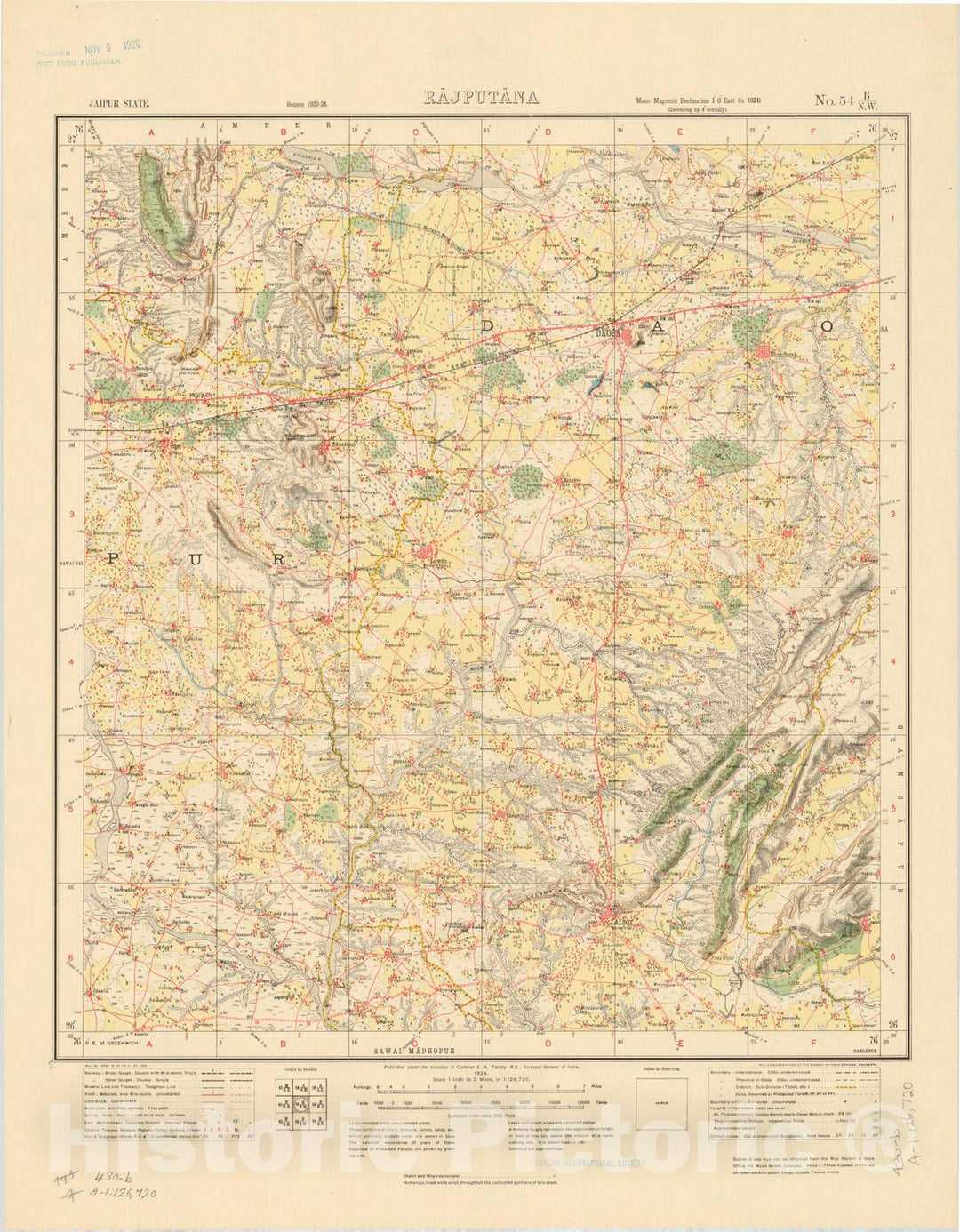 Map : Jaipur State, Rajputana, No. 54 B/N.W. 1924, India and adjacent countries, Antique Vintage Reproduction