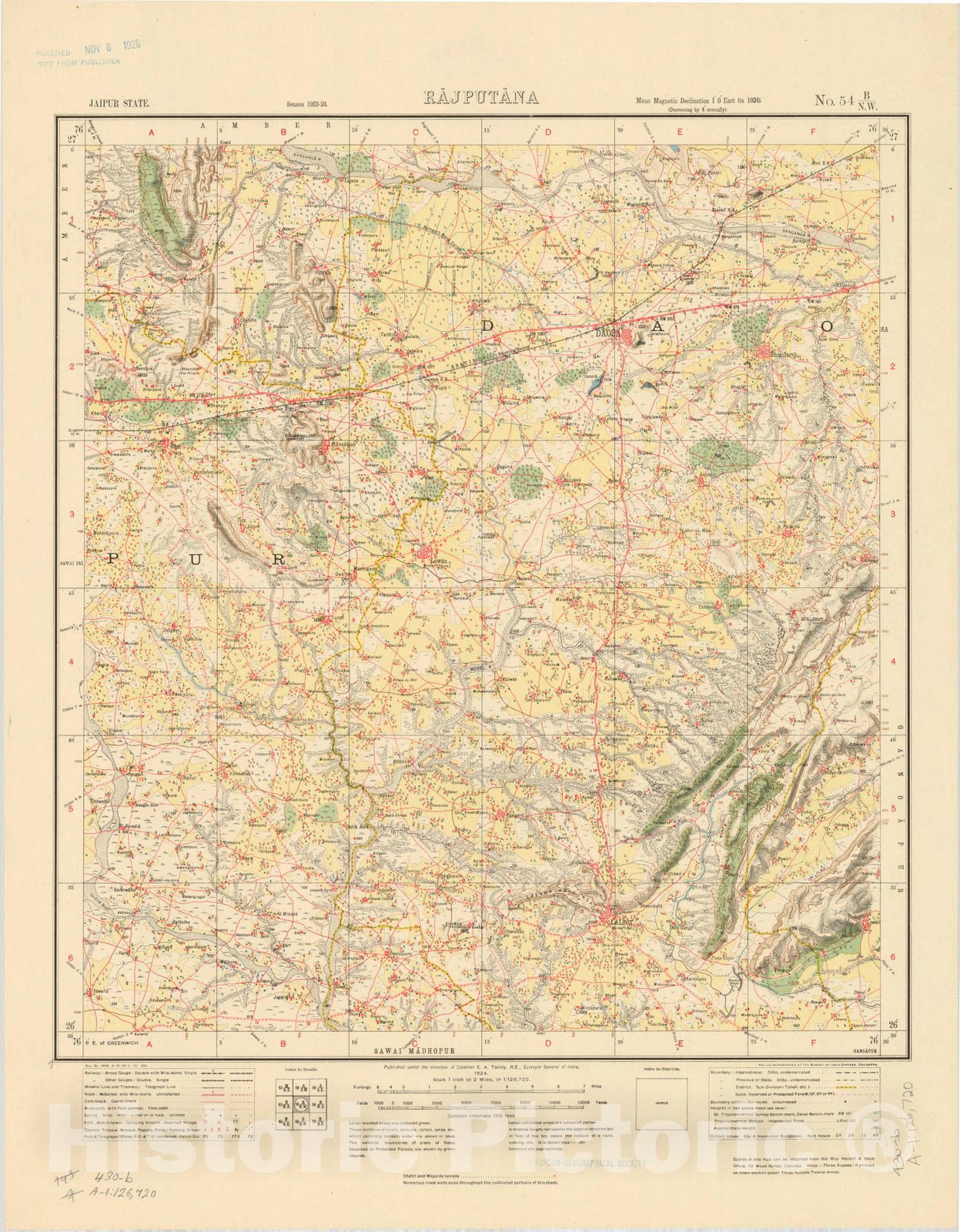 Map : Jaipur State, Rajputana, No. 54 B/N.W. 1924, India and adjacent countries, Antique Vintage Reproduction