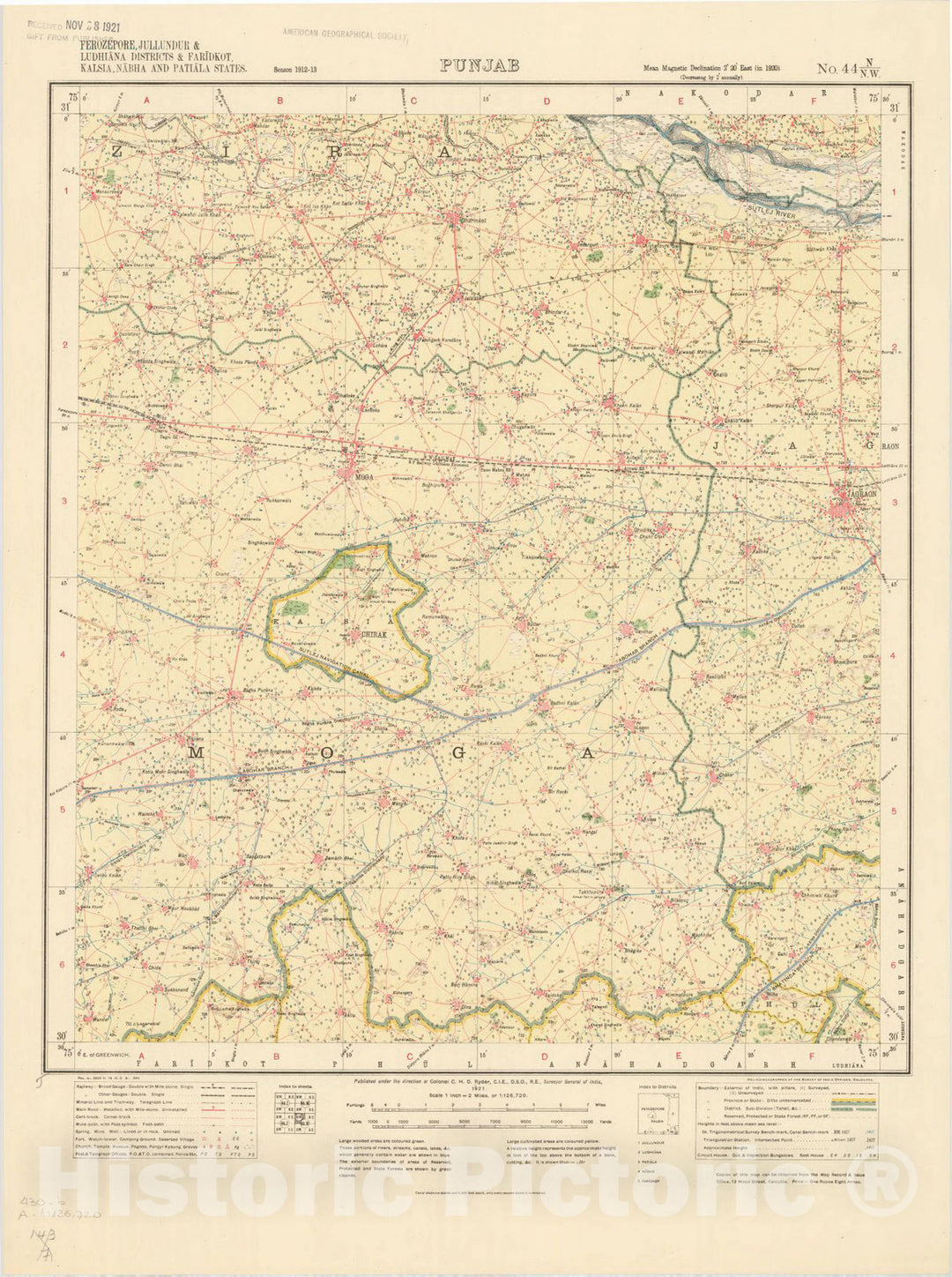 Map : Ferozepore, Jullundur & Ludhiana Districts & Faridkot, Kalsia, Nabha and Patiala States, Punjab, No. 44 N./N.W. 1921, India and adjacent countries