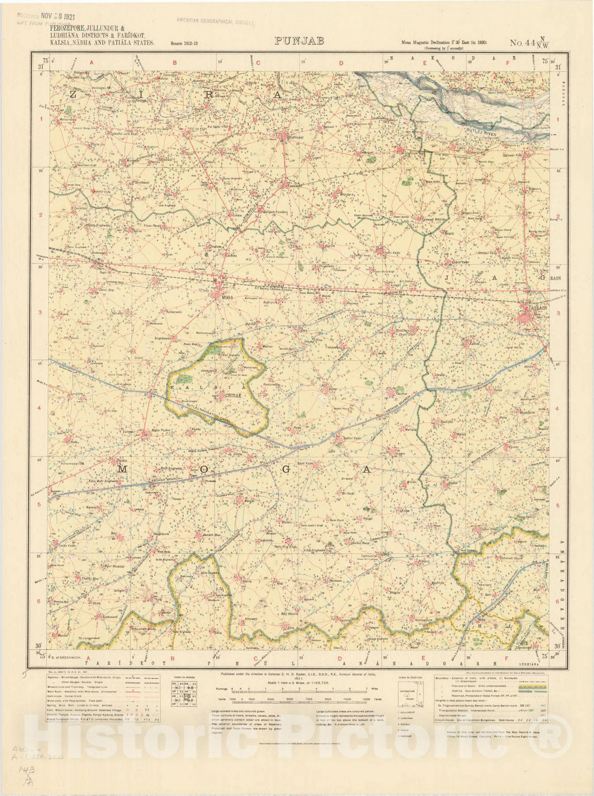 Map : Ferozepore, Jullundur & Ludhiana Districts & Faridkot, Kalsia, Nabha and Patiala States, Punjab, No. 44 N./N.W. 1921, India and adjacent countries