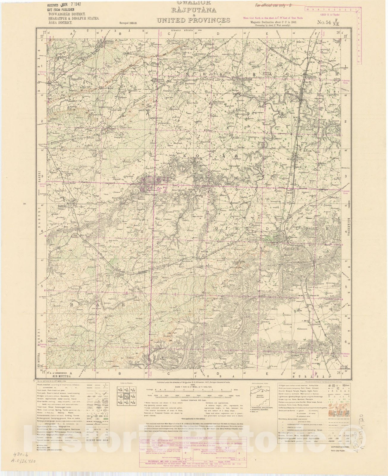 Map : Tonwarghar District, Bharatpur & Dholpur States, Agra District, Gwalior, Rajputana & United Provinces, No. 54 F/N.E. 1943, India and adjacent countries