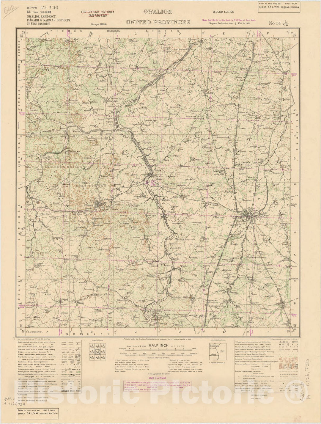 Historic Map : Gwalior Residency, Isagarh & Narwar Districts, Jhansi District, Gwalior, United Provinces, No. 54 L/N.W. 1944, India and adjacent countries, Antique Vintage Reproduction