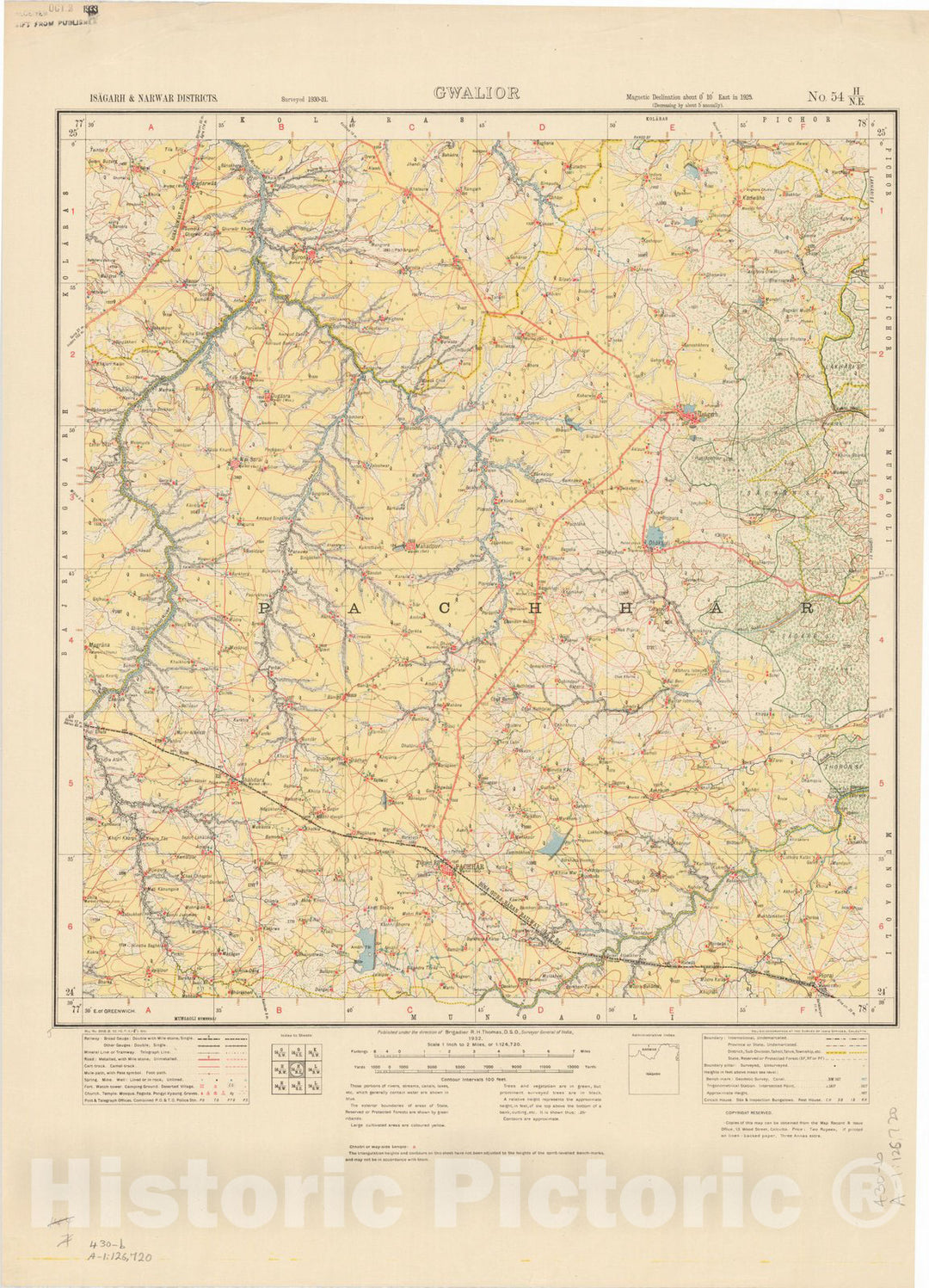 Map : Isagarh & Narwar Districts, Gwalior, No. 54 H/N.E. 1932, India and adjacent countries, Antique Vintage Reproduction