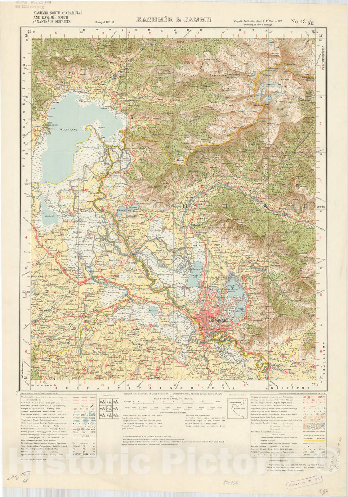 Map : Kashmir North (Baramula) and Kashmir South (Anantnag) Districts, Kashmir & Jammu No. 43 J/S.E. 1938, India and adjacent countries, Antique Vintage Reproduction