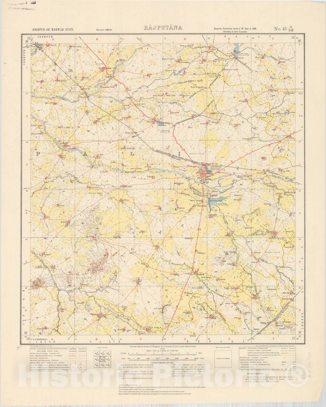 Map : Jodhpur Or Marwar State, Rajputana, No. 45 G/N.W. 1932, India and adjacent countries, Antique Vintage Reproduction