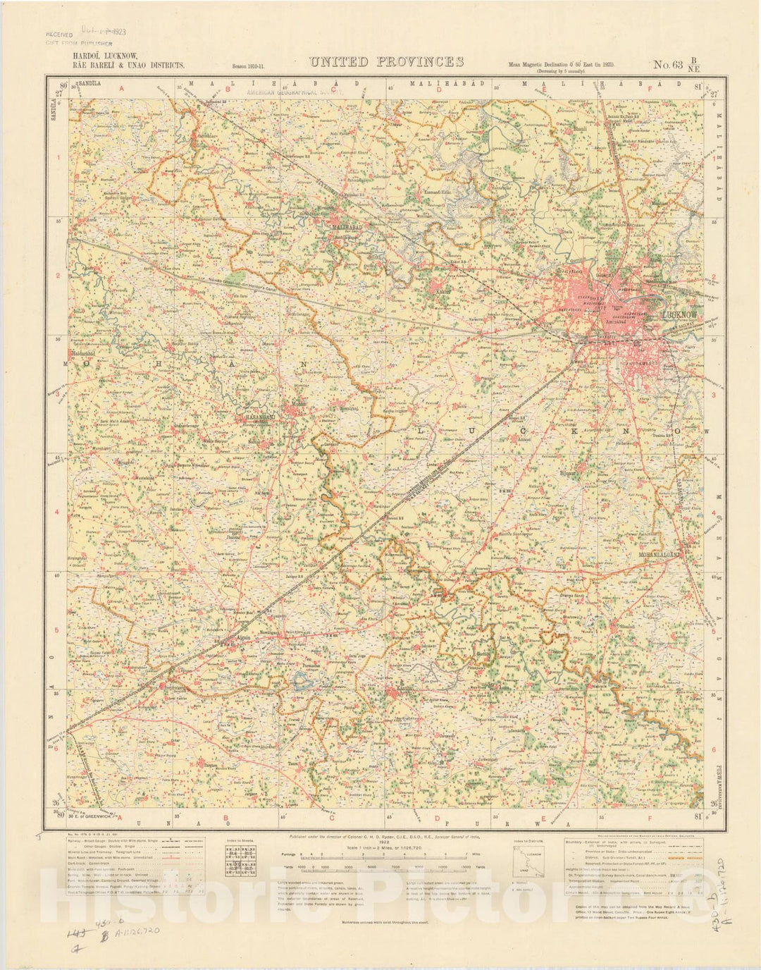 Map : Hardoi, Lucknow, Rae Bareli & Unao Districts, United Provinces, No. 63 B/N.E. 1922, India and adjacent countries, Antique Vintage Reproduction