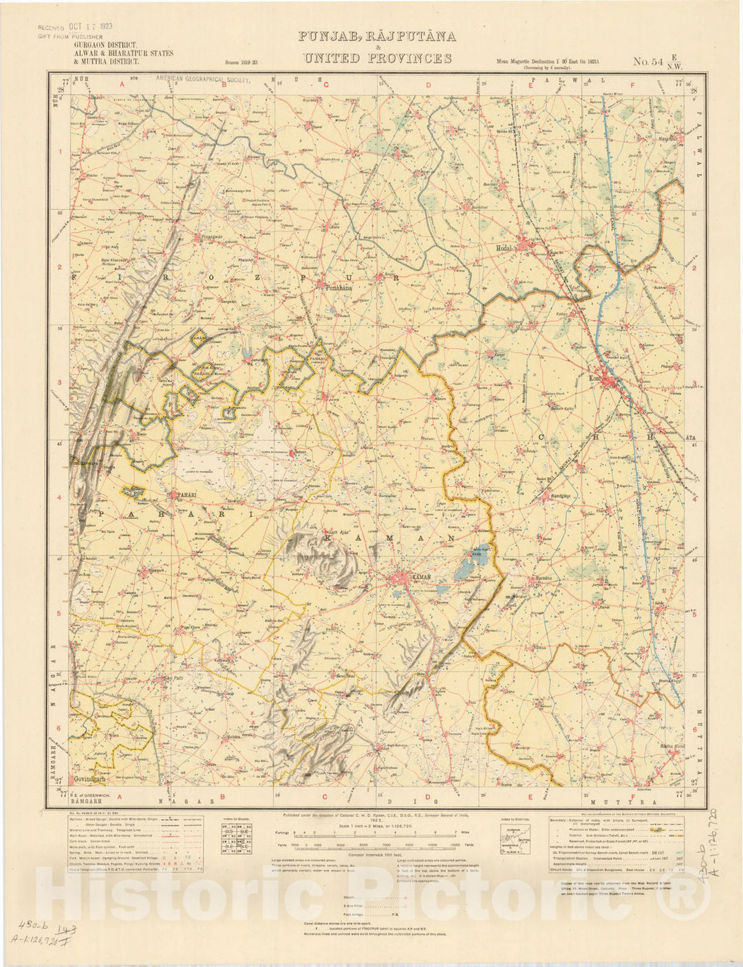 Map : Gurgaon District, Alwar & Bharatpur States, & Muttra District, Punjab, Rajputana & United Provinces, No. 54 E/N.W. 1922, India and adjacent countries