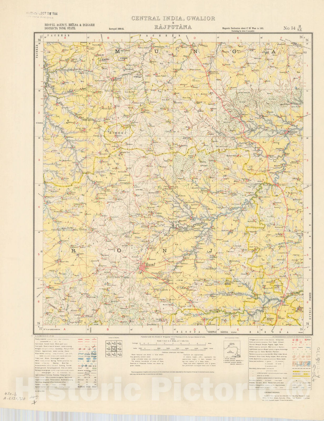 Historic Map : Bhopal Agency, Bhilsa & Isagarh Districts, Tonk STate, Central India, Gwalior & Rajputana, No. 54 H/S.E. 1933, India and adjacent countries, Antique Vintage Reproduction