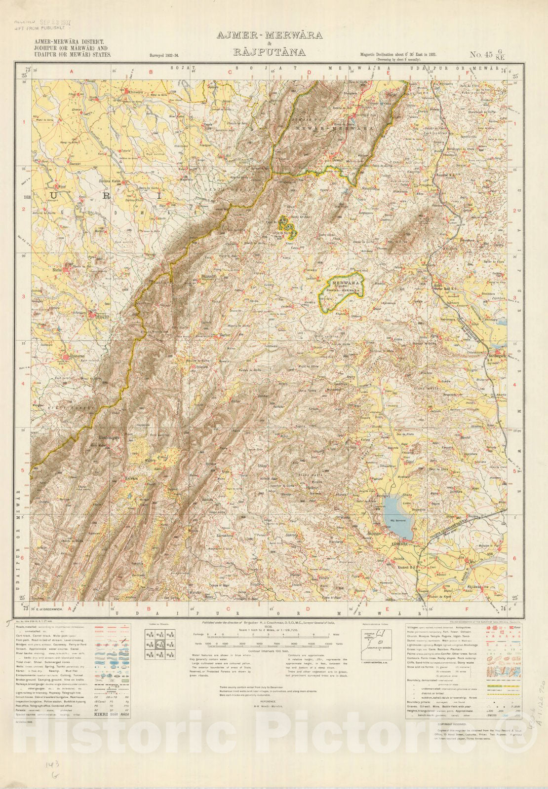 Map : Ajmer-Merwara District, Jodhpur (or Marwar) and Udaipur (or Mewar) States, Ajmer-Merwara & Rajputana, No. 45 G/S.E. 1936, India and adjacent countries