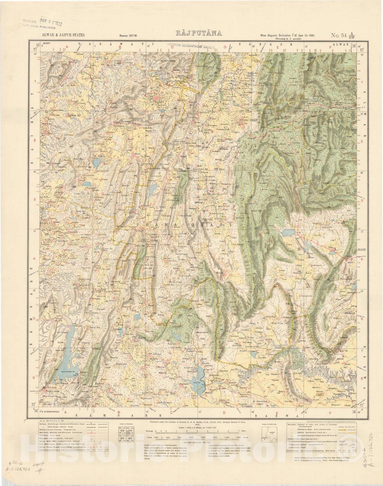 Map : Alwar & Jaipur States, Rajputana, No. 54 A/S.W. 1921, India and adjacent countries, Antique Vintage Reproduction