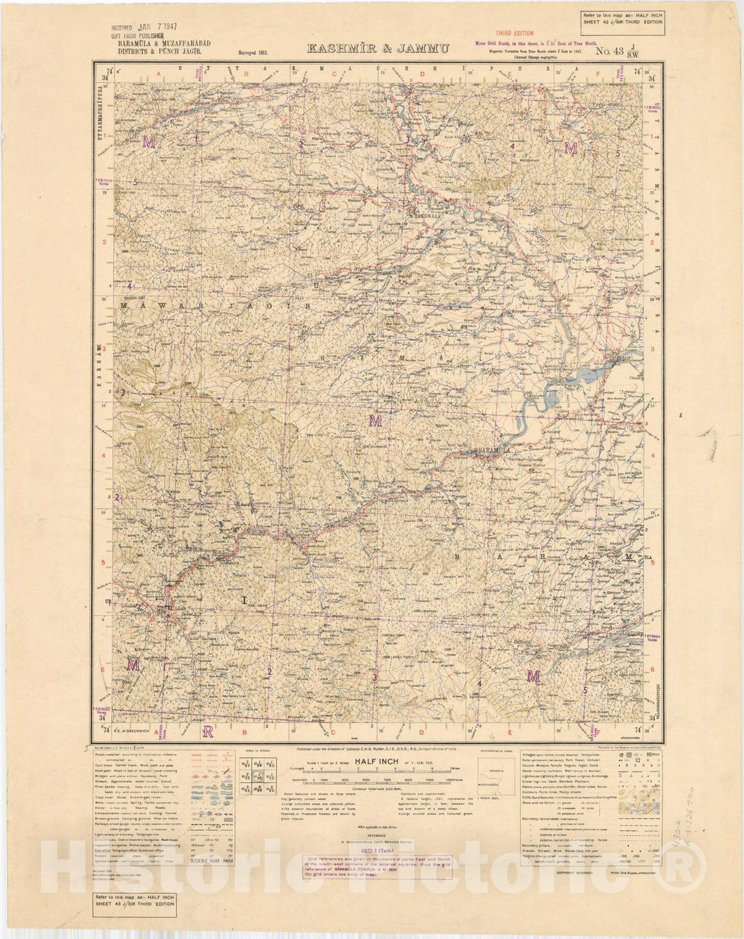 Map : Baramula & Muzaffarabad Districts & Punch Jagir, Kashmir & Jammu No. 43 J/S.W. 1946, India and adjacent countries, Antique Vintage Reproduction