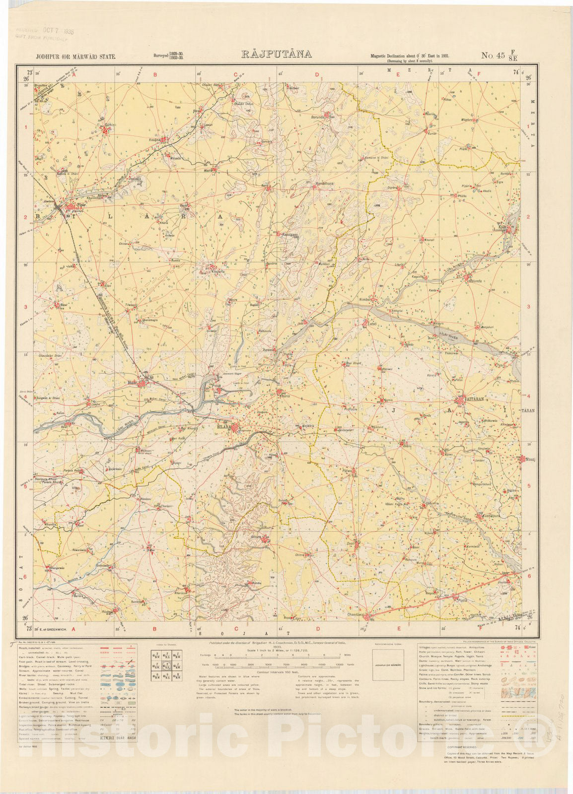 Map : Jodhpur (or Marwar) State, Rajputana, No. 45 F/S.E. 1933, India and adjacent countries, Antique Vintage Reproduction