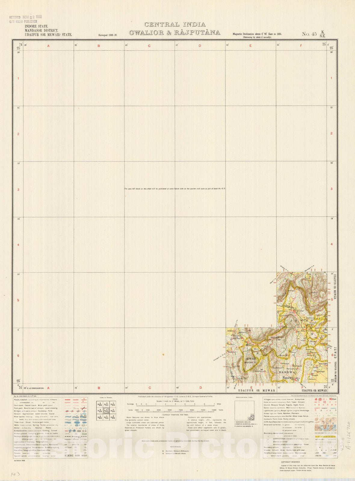 Map : Indore State, Mandasor District, Udaipur (or Mewar) State, Central India, Gwalior & Rajputana, No. 45 K/S.E. 1938, India and adjacent countries