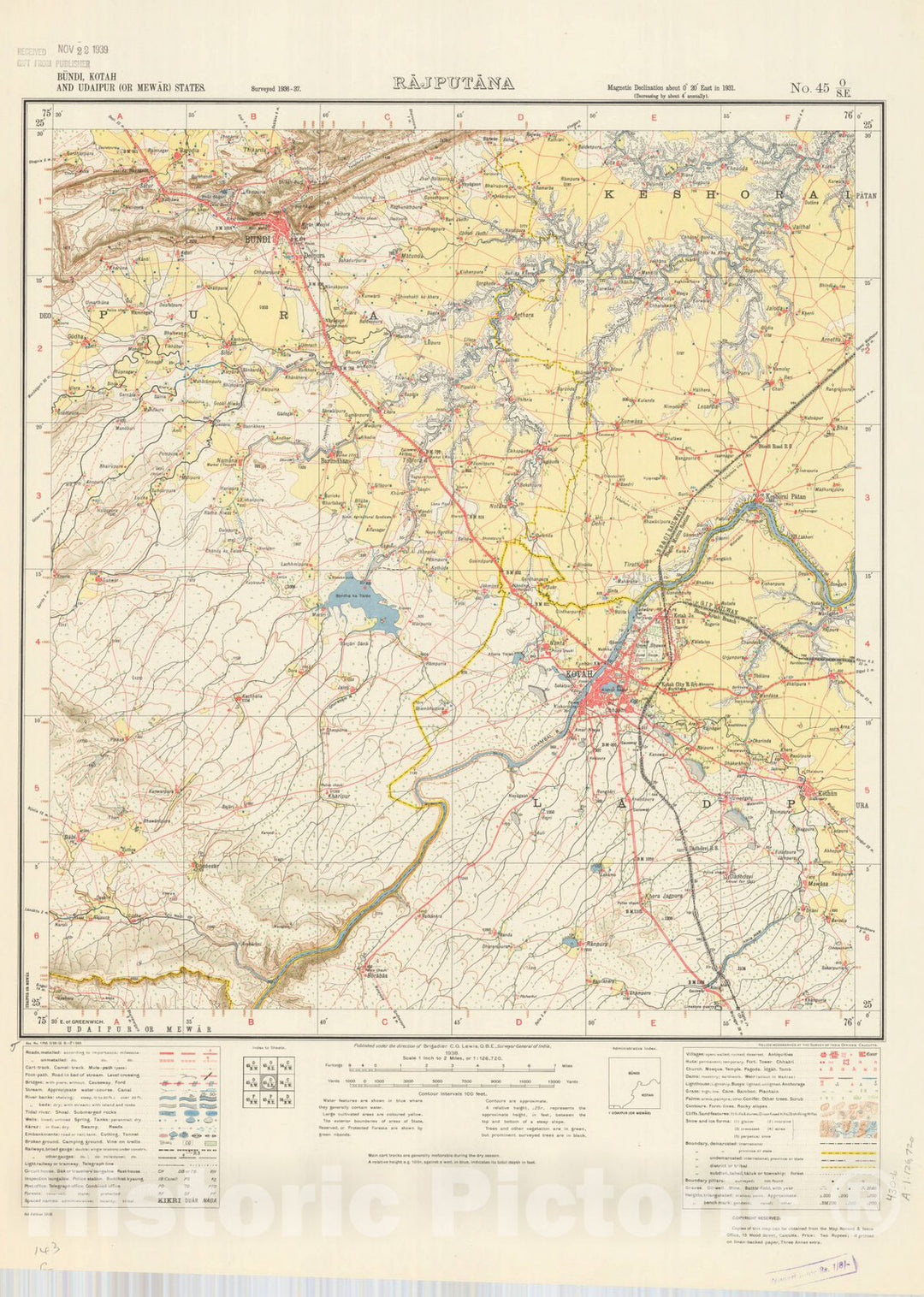 Map : Bundi, Kotah and Udaipur , Rajputana, No. 45 O/S.E. 1938, India and adjacent countries, Antique Vintage Reproduction