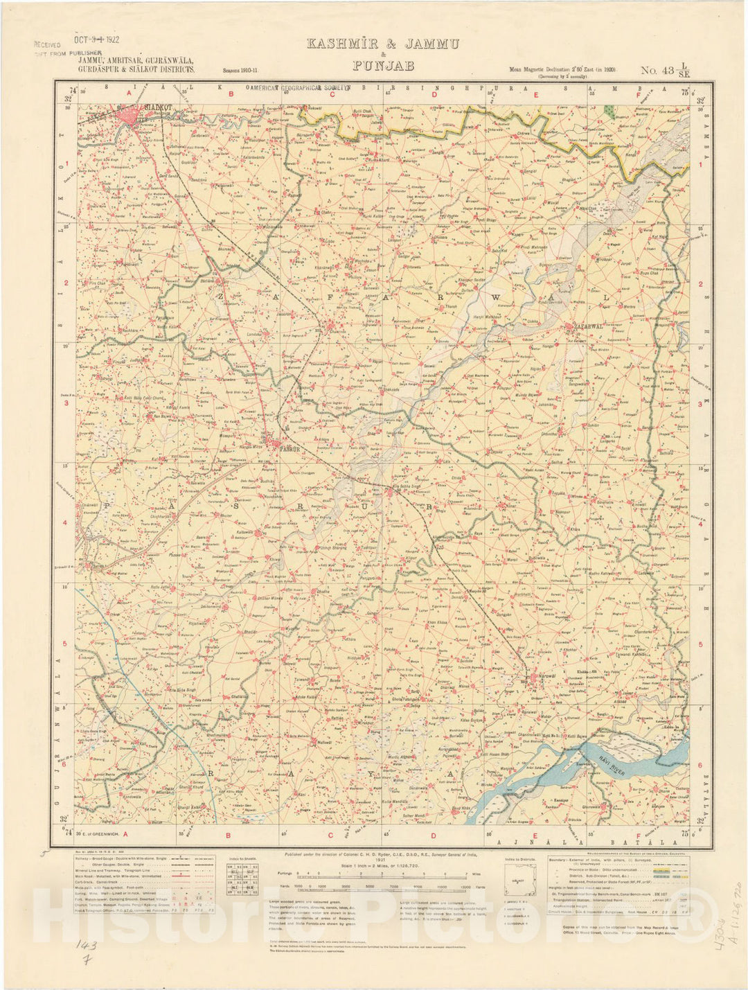 Map : Jammu, Amritsar, Gufranwala, Gurdaspur & Sialkot Districts, Kashmir & Jammu & Punjab, No. 43 L/S.E. 1921, India 1:126,720, Antique Vintage Reproduction