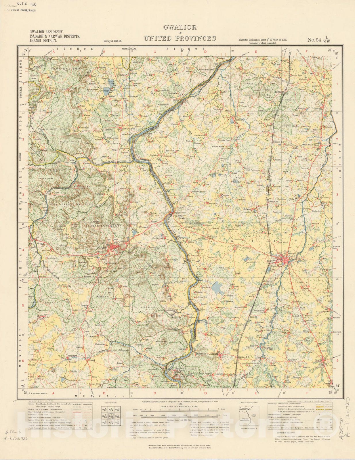 Historic Map : Gwalior Residency, Isagarh & Narwar Districts, Jhansi District, Gwalior & United Provinces, No. 54 L/N.W. 1932, India and adjacent countries, Antique Vintage Reproduction