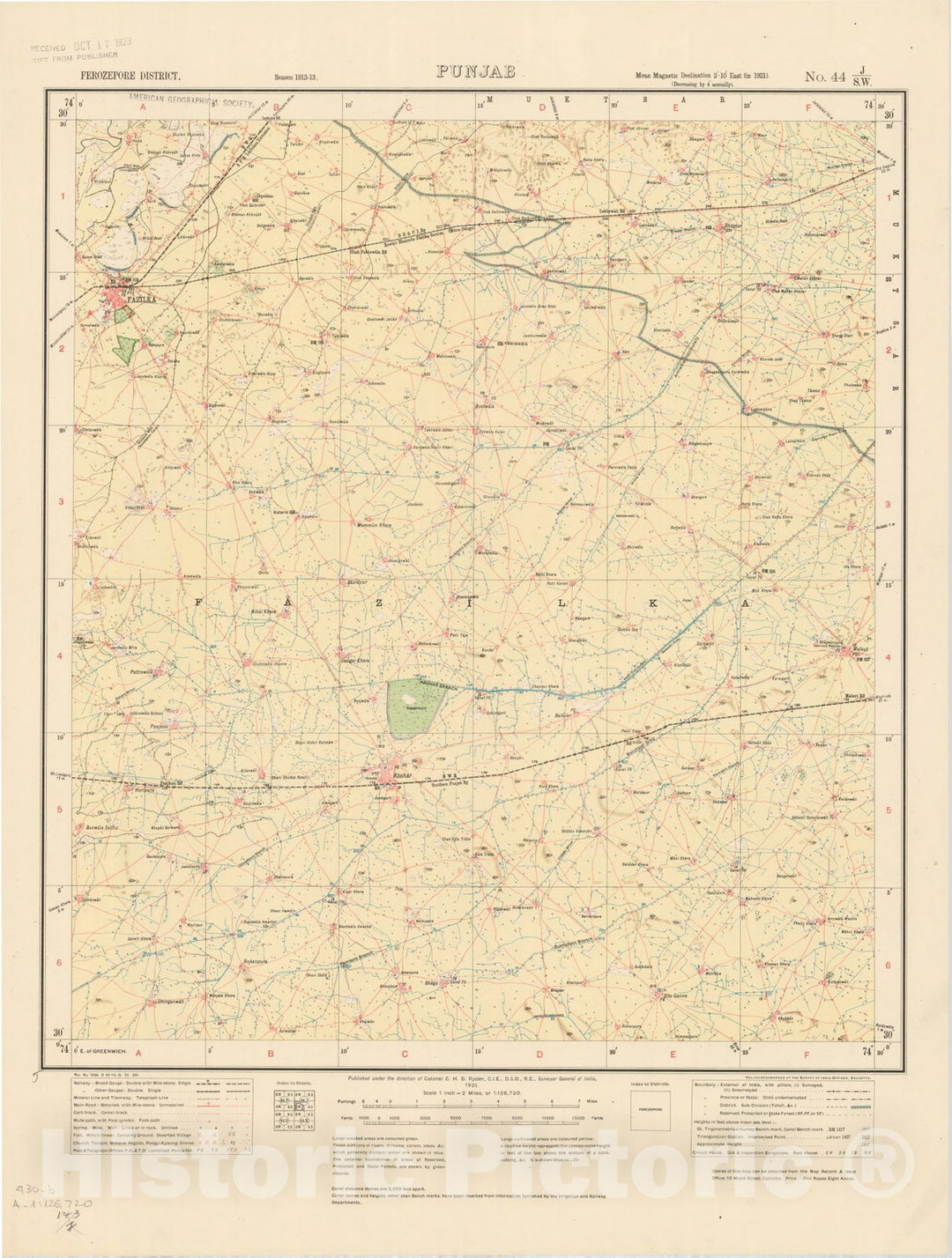 Map : Ferozepore District, Punjab No. 44 J/S.W. 1921, India 1:126,720, Antique Vintage Reproduction